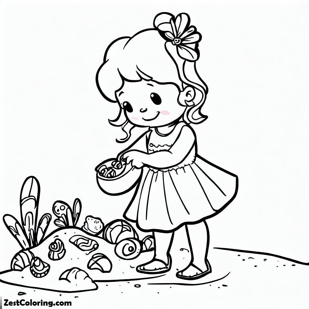 Beach Vacation, Little Girl Collecting Seashells From The Beach Sand Coloring Page: Little Girl Collecting Seashells From The Beach Sand Coloring PageFull Size Image