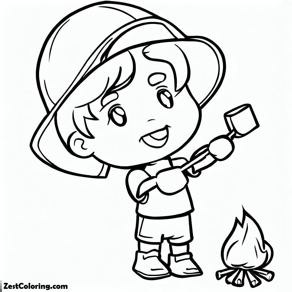 Summer Camp, Little Kid Toasting Marsmallow On Summer Camp Coloring Page: Little Kid Toasting Marsmallow On Summer Camp Coloring PageFull Size Image