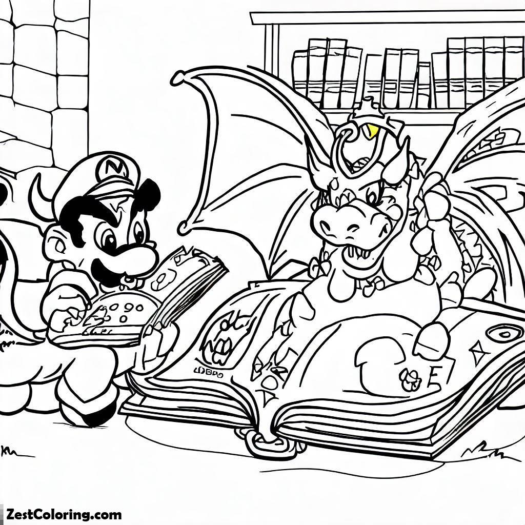 Bros Color Library Mario Bros Dragon And Princess Read A Book In Library Coloring Pages ...