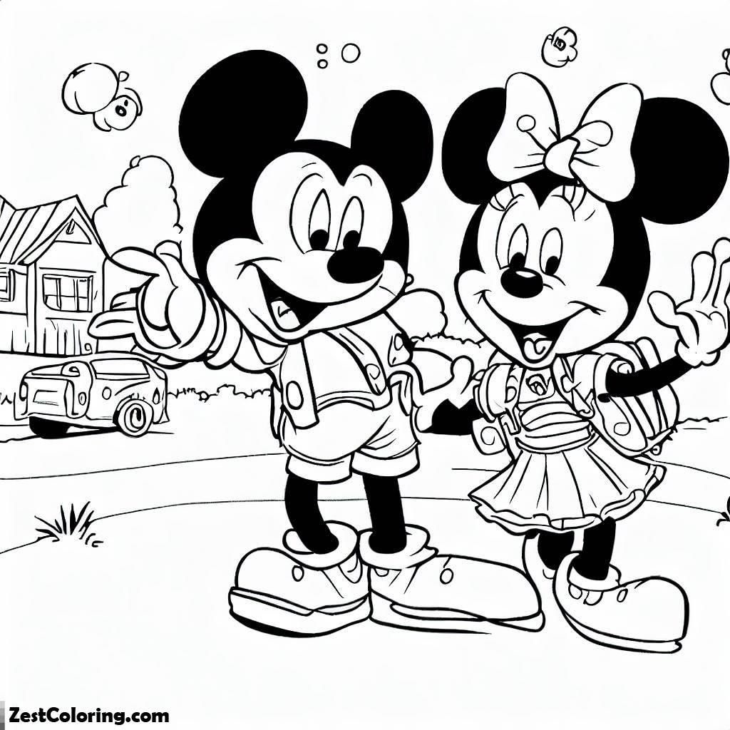 First Day Of School, Mickey And Minnie On First Day Of School Coloring Page: Mickey And Minnie On First Day Of School Coloring PageFull Size Image