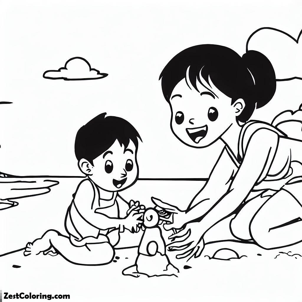 Beach Vacation, Mom N Kid Have Fun Playing The Beach Sand Coloring Page: Mom N Kid Have Fun Playing The Beach Sand Coloring PageFull Size Image