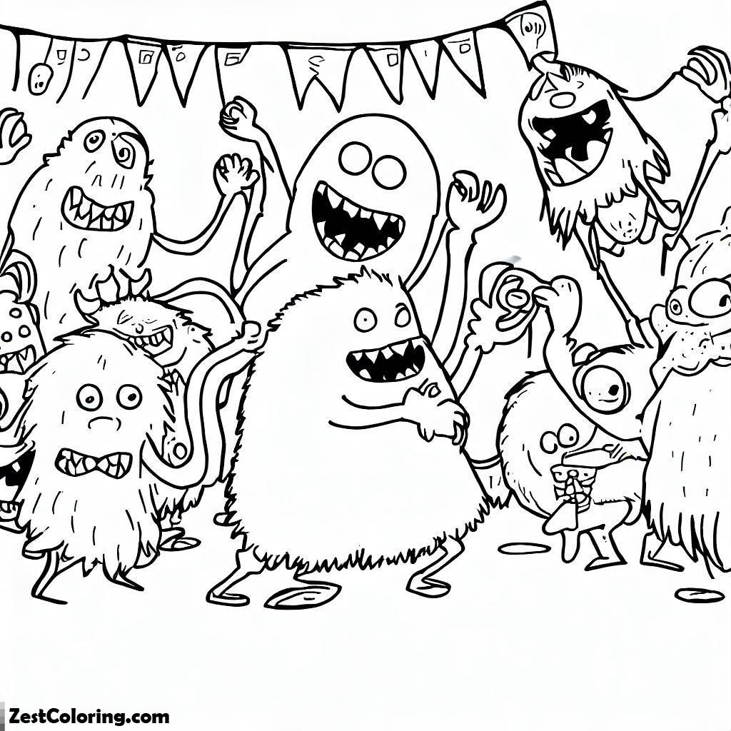 Halloween, Monsters Dancing And Celebrating At A Halloween Party Coloring Page: Monsters Dancing And Celebrating At A Halloween PartyFull Size Image