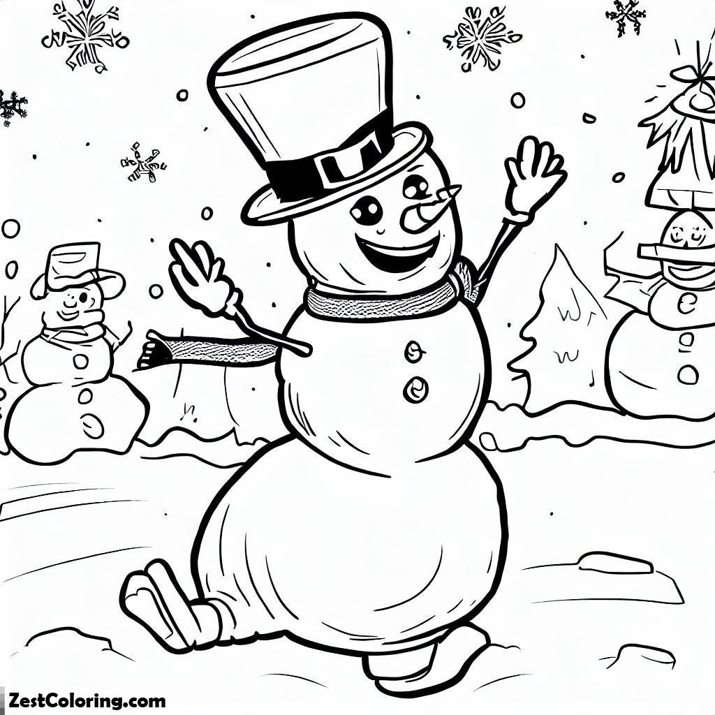 Winter, Mr Snowman Dancing On Winter Party Coloring Page: Mr Snowman Dancing On Winter Party Coloring PageFull Size Image