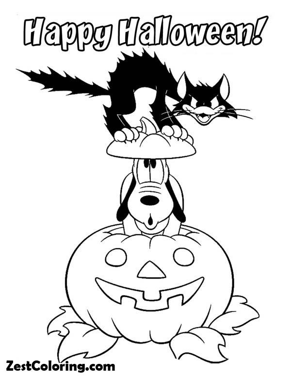 Pumpkins, Pluto And Cat In Halloween Pumpkins Colouring Page Coloring Page: Pluto And Cat In Halloween Pumpkins Colouring Page Coloring PageFull Size Image