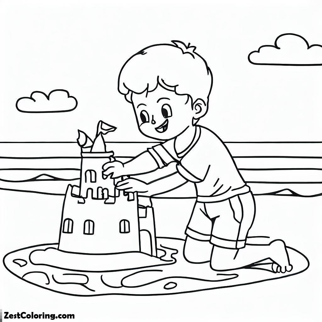 Printable Kid Playing Sand Castle On The Beach Coloring Page Coloring