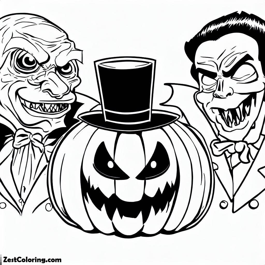 Halloween, Pumpkin Jack O’ Lantern, Mr Frankenstein And Mr Count Dracula Coloring Page: Pumpkin Jack O' Lantern, Mr Frankenstein And Mr Count Dracula Coloring PageFull Size Image