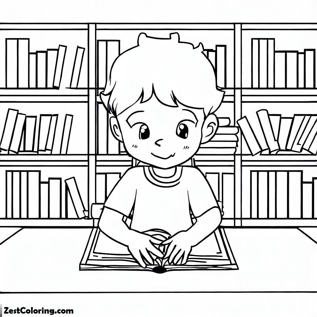 Library, Pupil Sitting On Library Table 2 Coloring Pages: Pupil Sitting On Library Table 2 Coloring PagesFull Size Image