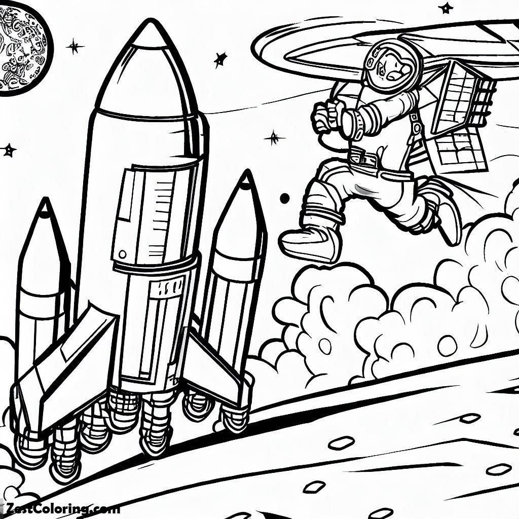 Rocket Ship, Rockets Ship And Astronaut Landing On The Moon Coloring Page: Rockets Ship And Astronaut Landing On The Moon Coloring PageFull Size Image