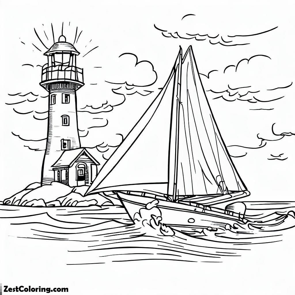 Lighthouse, Sail Boat Approaching Lighthouse Coloring Pages: Sail Boat Approaching Lighthouse Coloring PagesFull Size Image