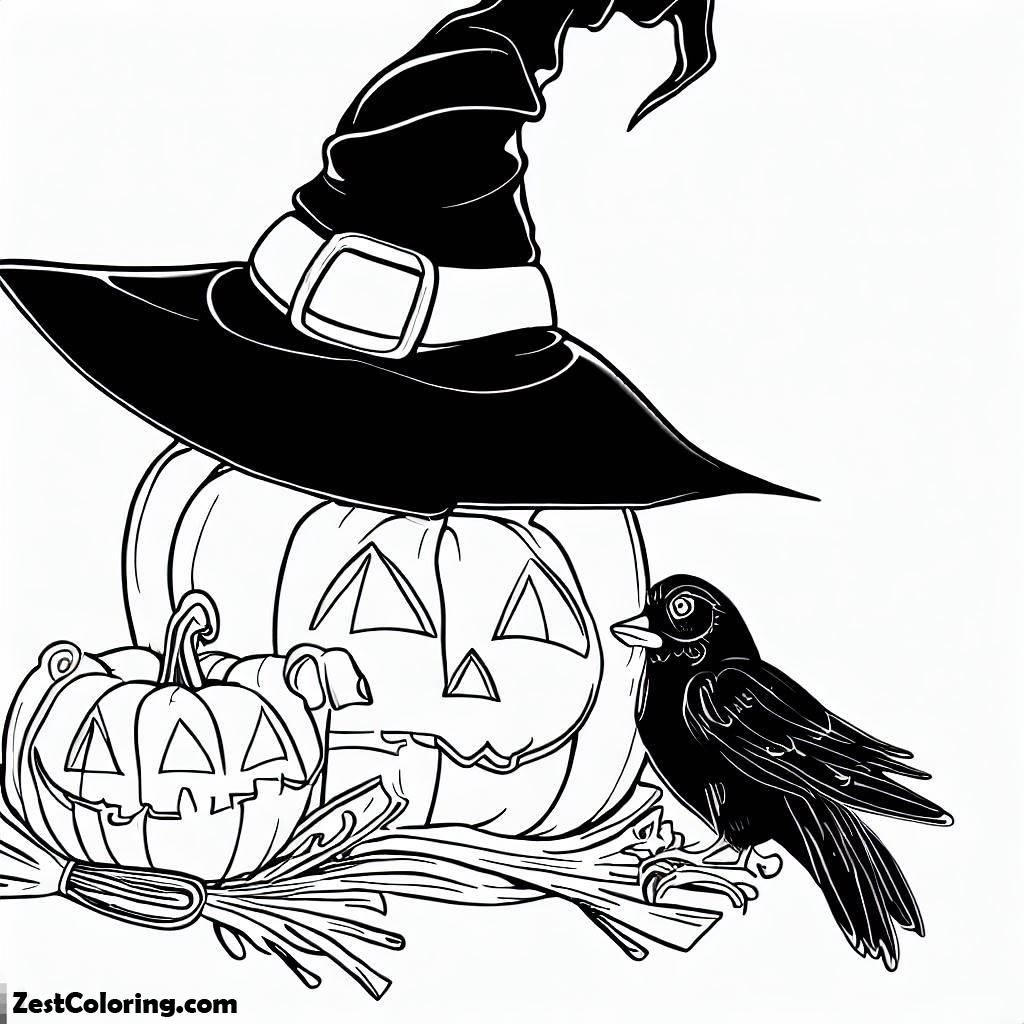 Pumpkins, Scary Witch Hat And Crow And Pumpkins Coloring Page: Scary Witch Hat And Crow And Pumpkins Coloring PageFull Size Image