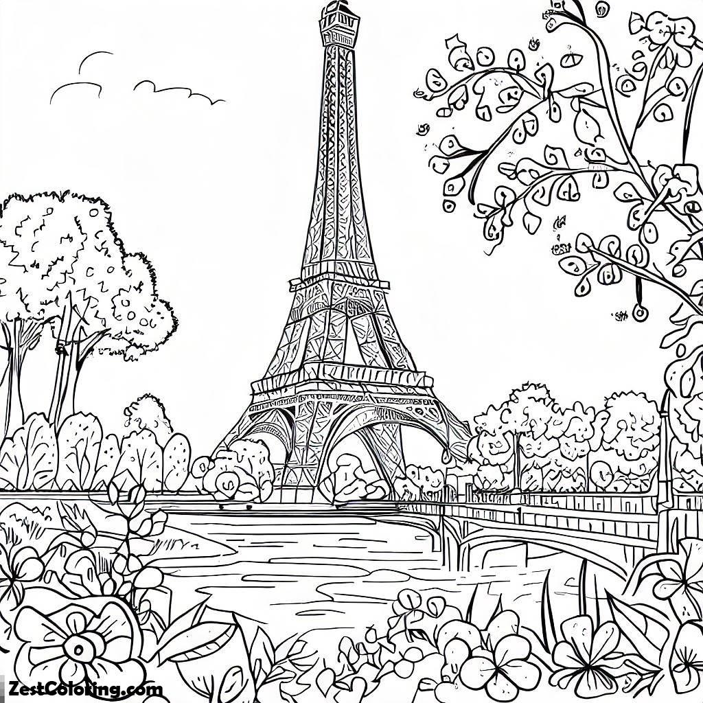 Eiffel Tower, Springtime In Paris With Eiffel Tower Coloring Page: Springtime In Paris With Eiffel Tower Coloring PageFull Size Image