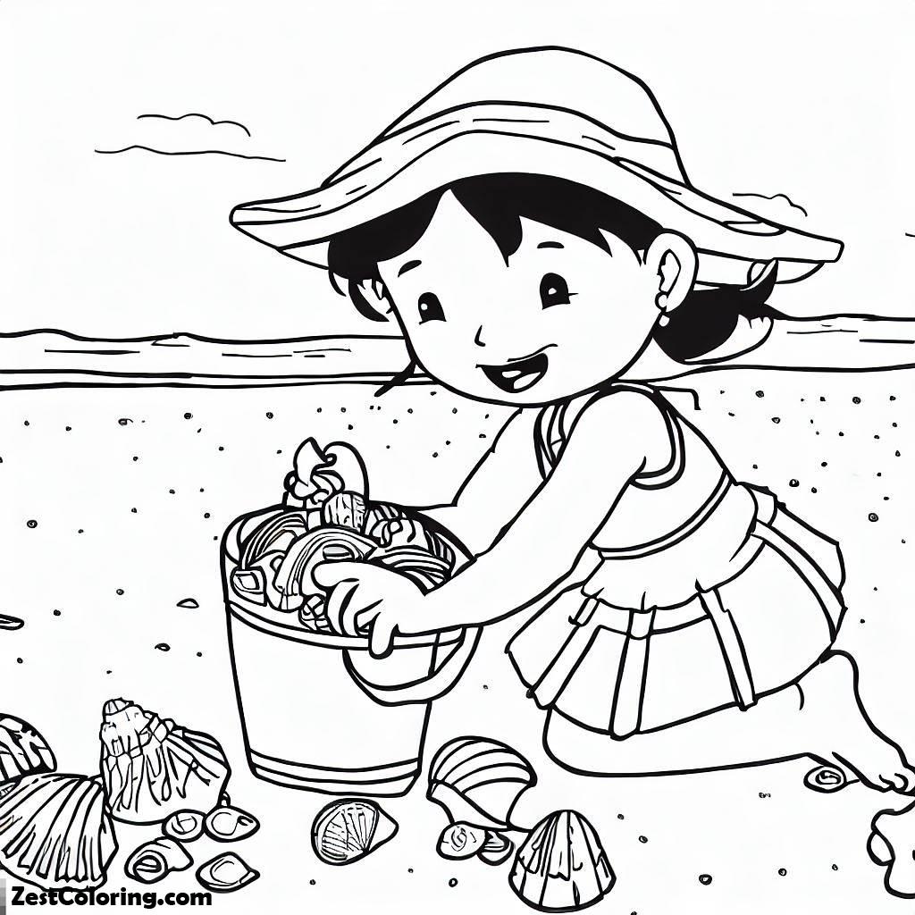 Sweet Little Girl Collecting Seashells From The Beach Sand Coloring ...