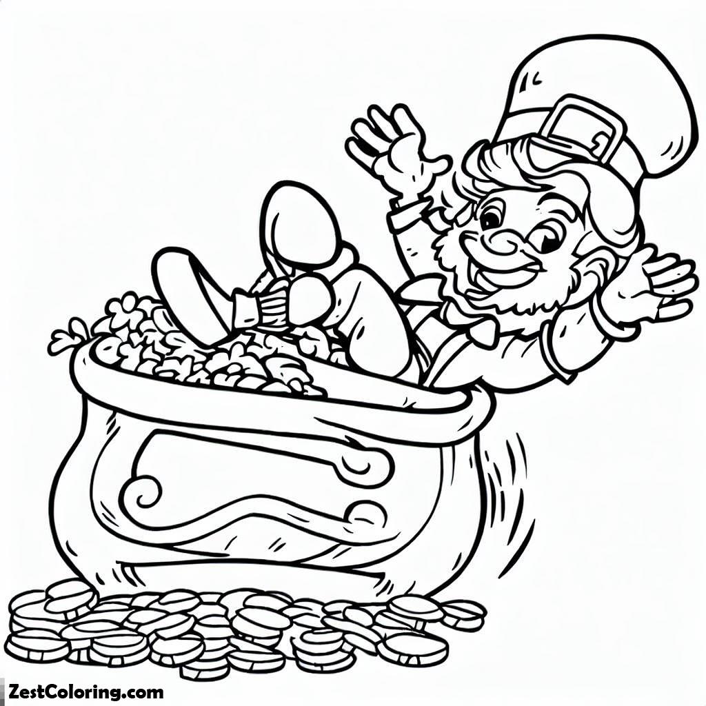 Pot of Gold, This Leprechaun Sliding Onto A Pot Of Gold 3 Coloring Page: This Leprechaun Sliding Onto A Pot Of Gold 3 Coloring PageFull Size Image