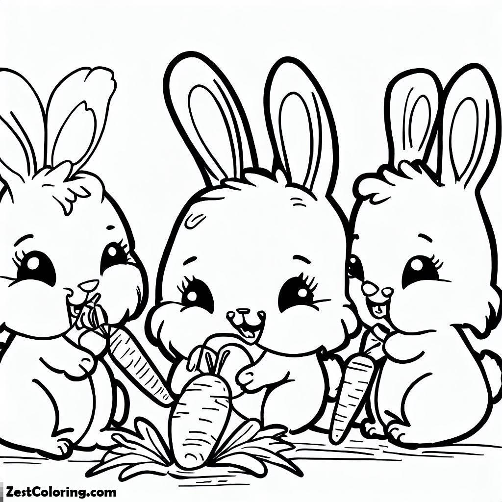 Three Cute Bunnies Eating The Carrot Coloring Page : Coloring for Kids ...