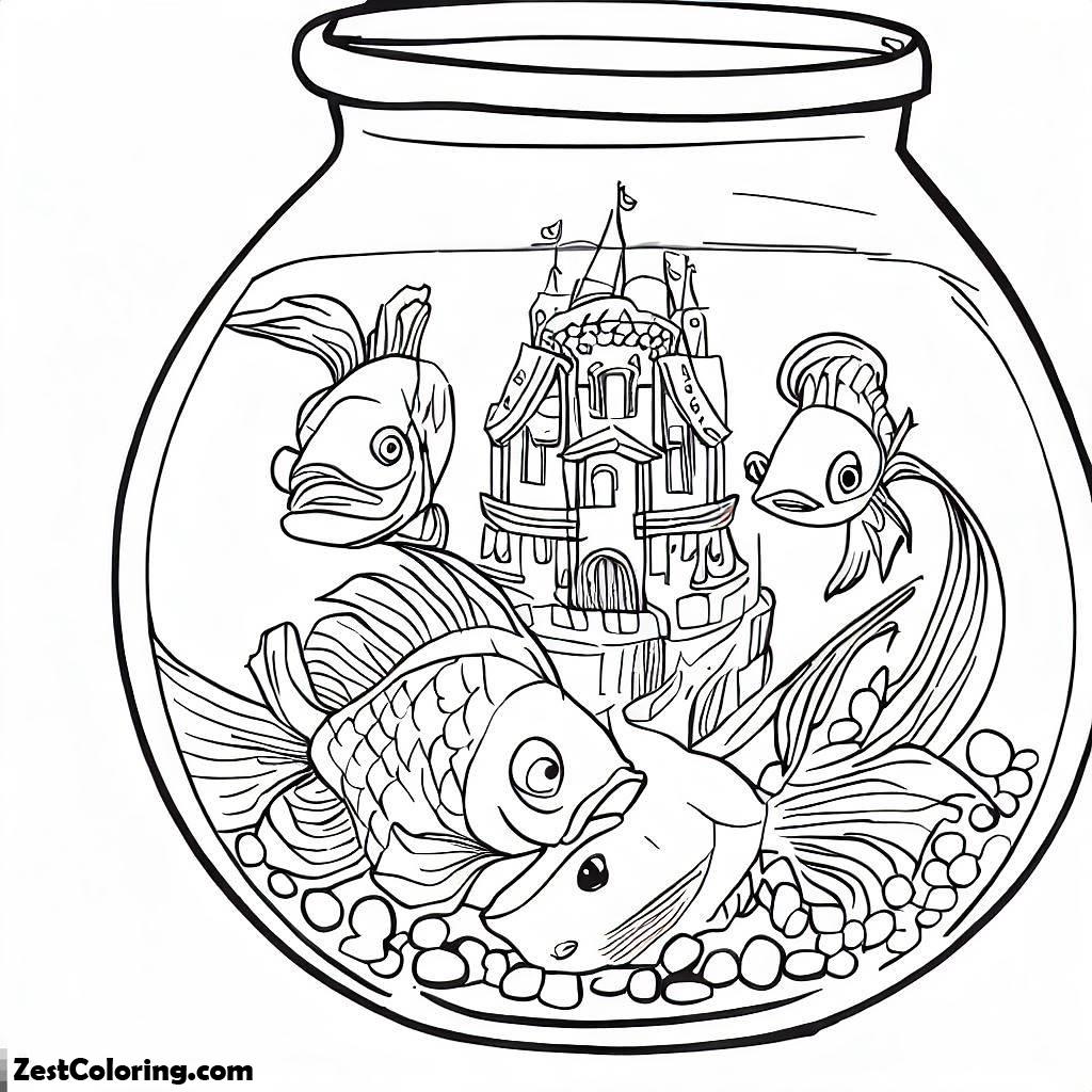 Fish Bowls, Three Fish With Castle In Fish Bowl Coloring Page: Three Fish With Castle In Fish Bowl Coloring PageFull Size Image