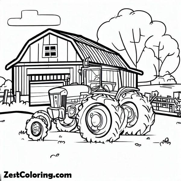 Farm With Tractor Coloring Page