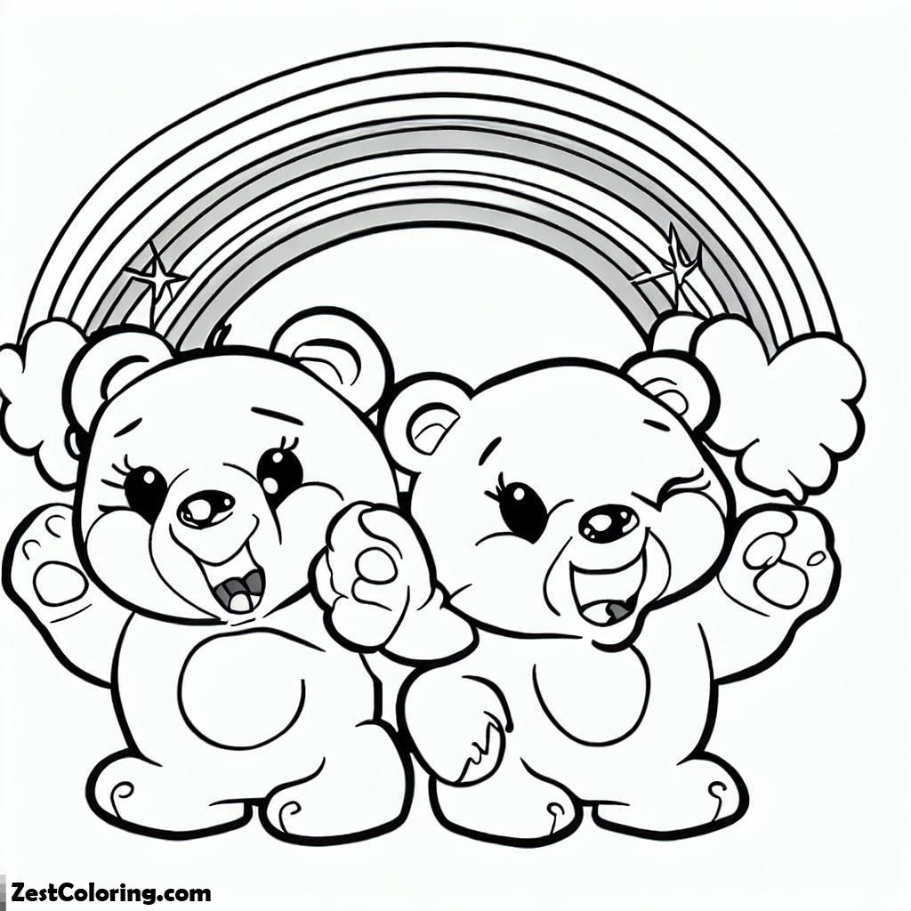 Two Care Bears Cheering The Rainbow Coloring Page : Coloring for Kids
