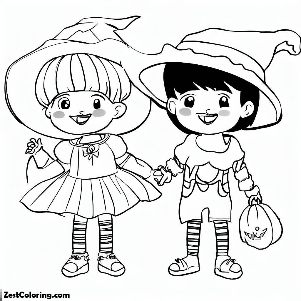 Halloween, Two Childrens Dress Up For Halloween Day Costume Coloring Page: Two Childrens Dress Up For Halloween Day Costume Coloring PageFull Size Image