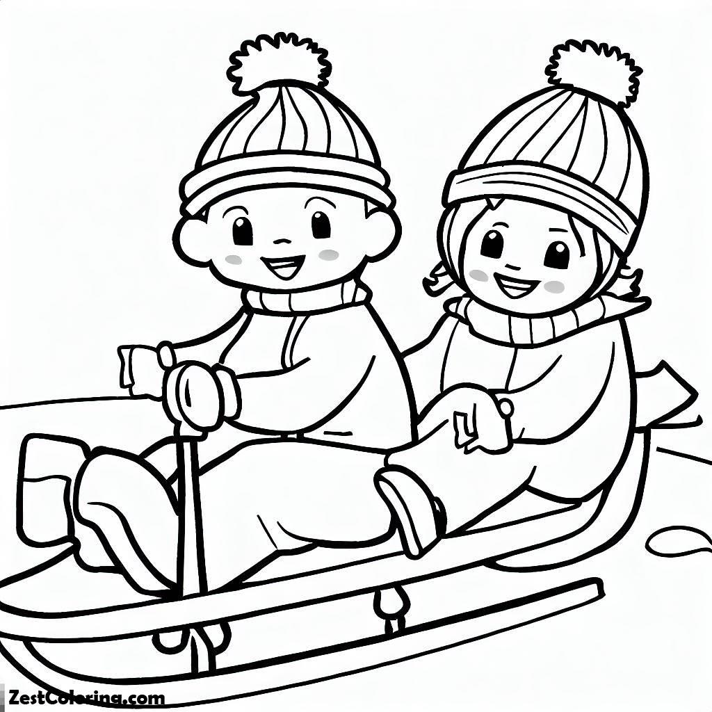 Winter, Two Kids Playing Winter Sled Together Coloring Page: Two Kids Playing Winter Sled Together Coloring PageFull Size Image