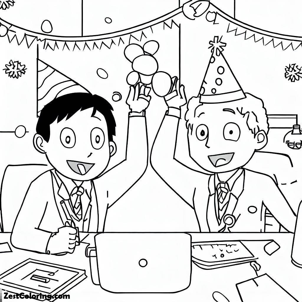 New Year, Two Office Worker On New Years Party Coloring Page: Two Office Worker On New Years Party Coloring PageFull Size Image