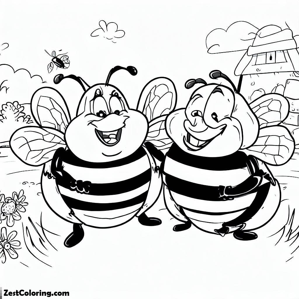 BumbleBee, Two Smiling Cute Bumblebee On The Farm Coloring Page: Two Smiling Cute Bumblebee On The Farm Coloring PageFull Size Image