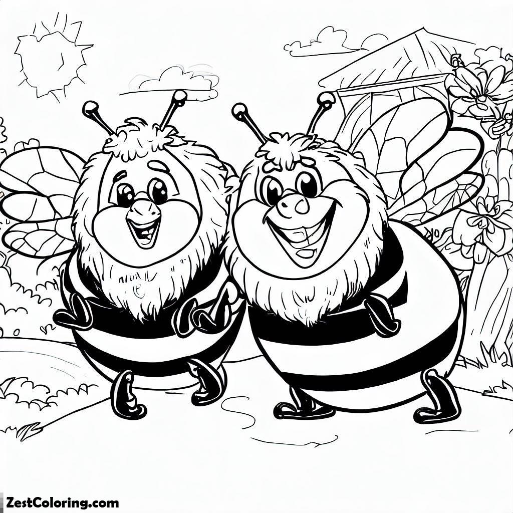 BumbleBee, Two Smiling Old Energic Bumblebee On The Farm Coloring Page: Two Smiling Old Energic Bumblebee On The Farm Coloring PageFull Size Image