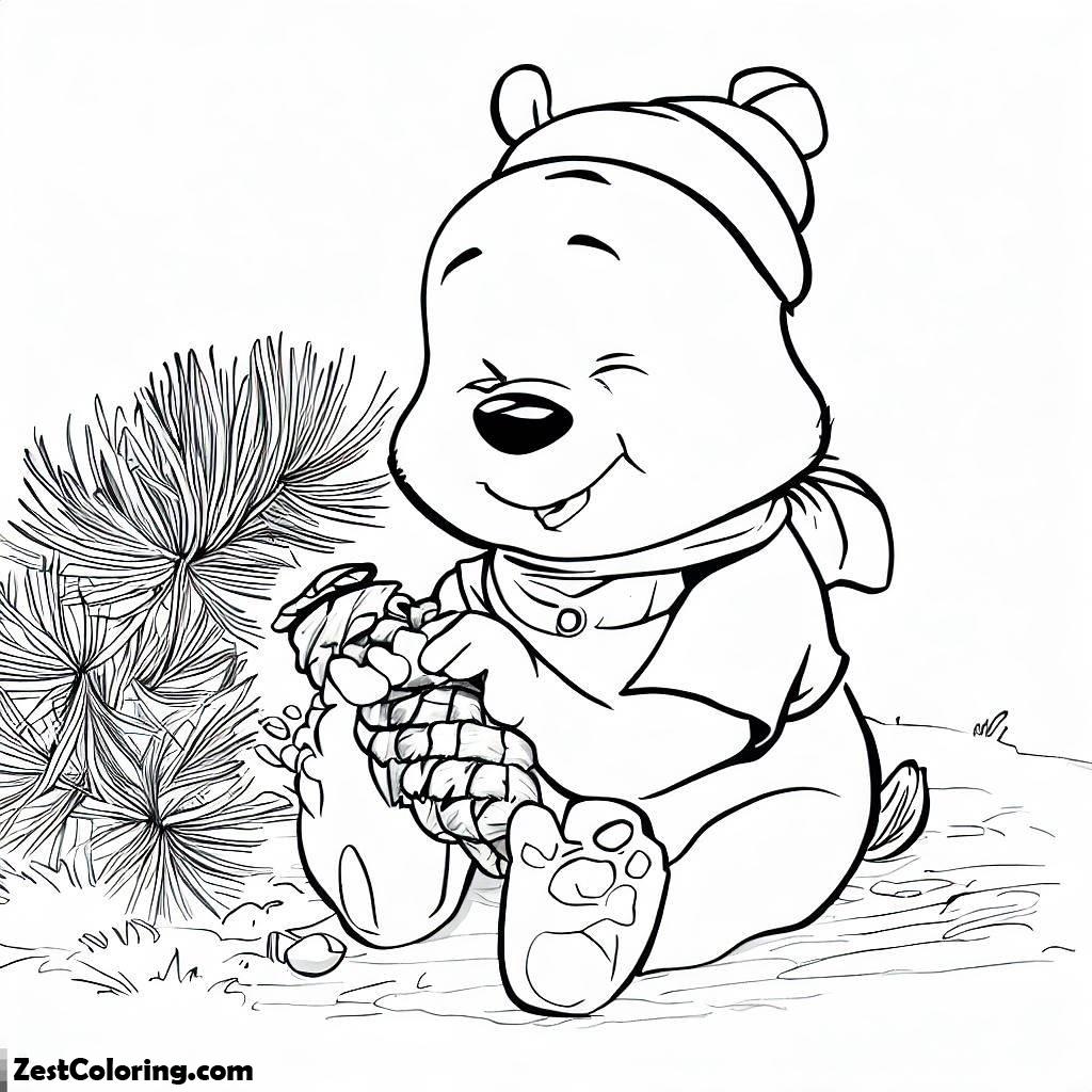Winter, Winnie The Pooh Playing With Cone Pine On Winter Coloring Page: Winnie The Pooh Playing With Cone Pine On Winter Coloring PageFull Size Image