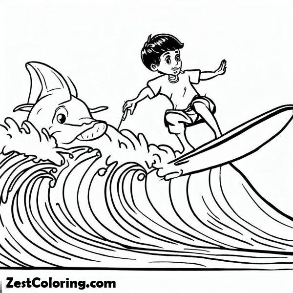 Dolphin, : A Boy Surfing On A Wave With Dolphin Coloring Page