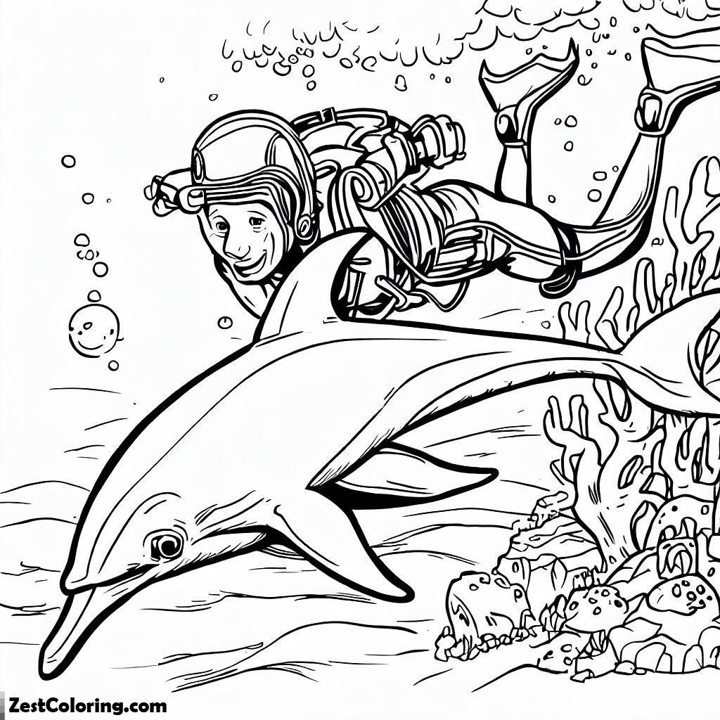 Dolphin, A Diver Diving With A Dolphin In The Sea For First Time Coloring Page: A Diver Diving With A Dolphin In The Sea For First Time Coloring PageFull Size Image