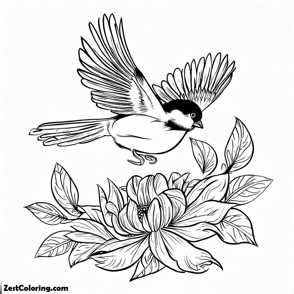 Chickadee, Beautiful Chickadee Bird Flying Around The Flower Coloring Page: Beautiful Chickadee Bird Flying Around The Flower Coloring PageFull Size Image