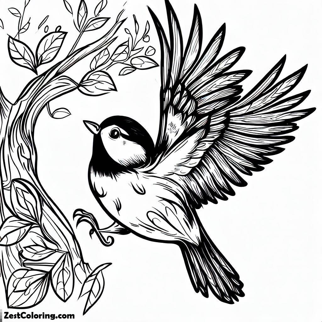 Chickadee, Beautiful Chickadee Bird Go Home To The Nest Coloring Page: Beautiful Chickadee Bird Go Home To The Nest Coloring PageFull Size Image
