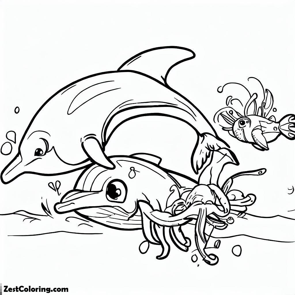 Dolphin, Dolphin Hunt A Little Squid Coloring Page: Dolphin Hunt A Little Squid Coloring PageFull Size Image