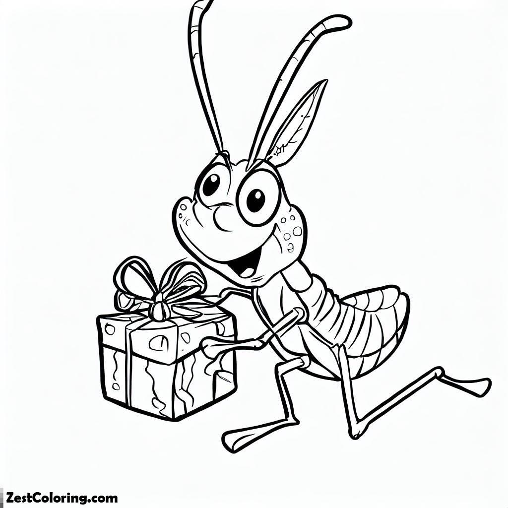 Grasshopper With Present Coloring Page : Coloring for Kids – Smart