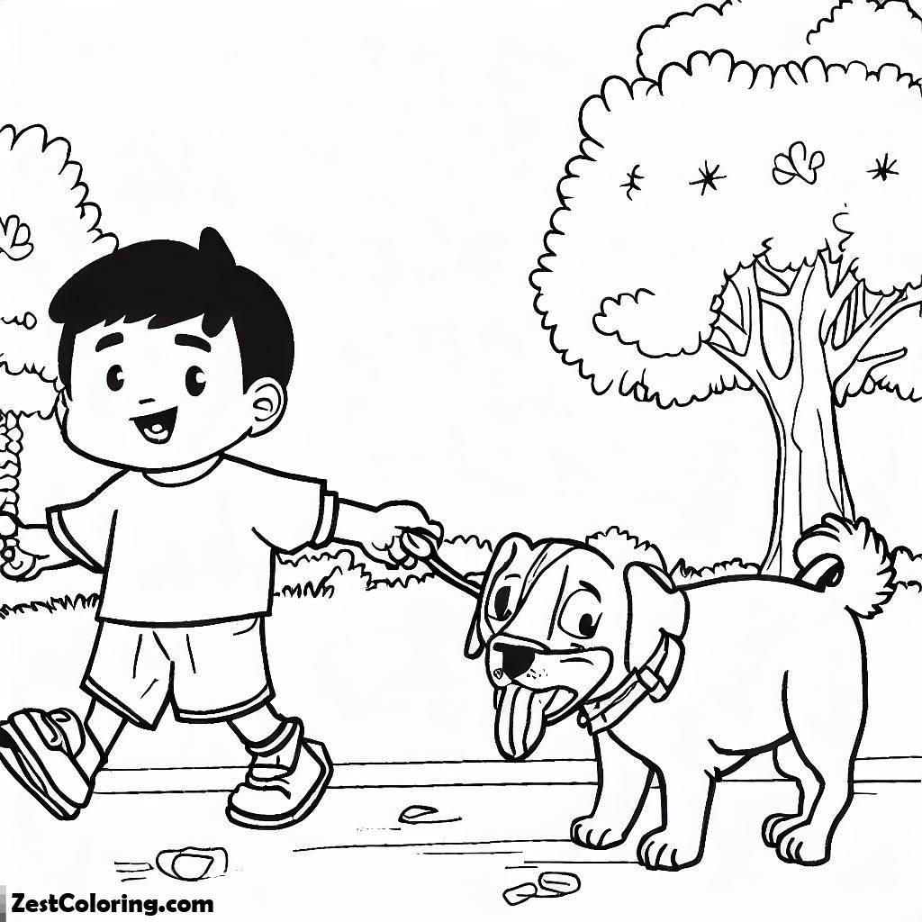 Dogs, A Little Boy And His Dog Walking Togeher At Park, Coloring Page: A Little Boy And His Dog Walking Togeher At Park, Coloring PageFull Size Image