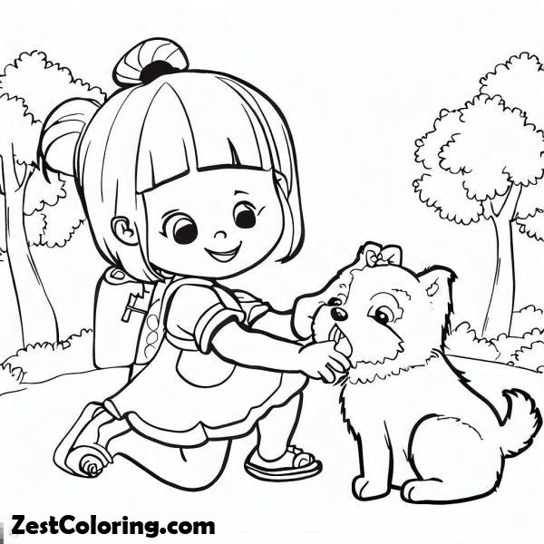 Dogs, : a little girl playing with her dog at park coloring page