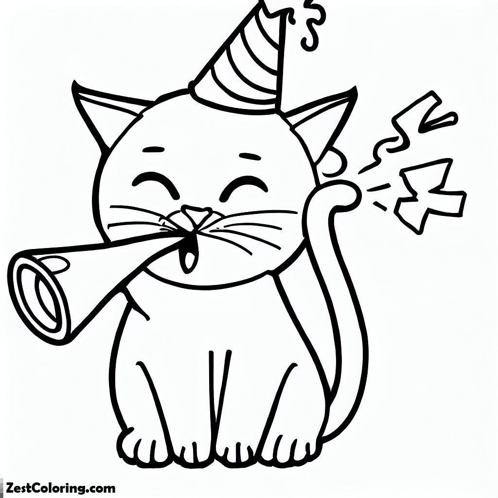 Happy Birthday, A Cat Blowing A Horn For Happy Birthday Party Coloring Page: A Cat Blowing A Horn For Happy Birthday Party Coloring PageFull Size Image