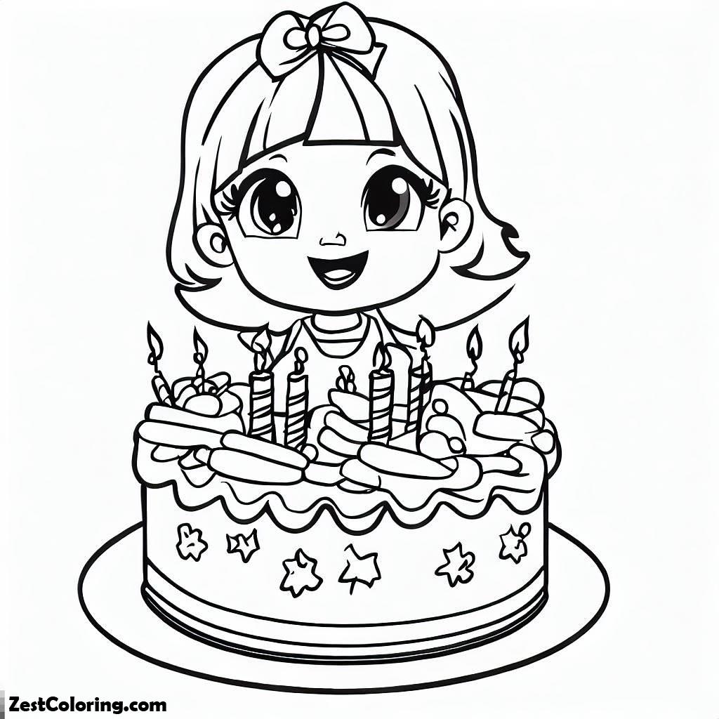 A Little Girl With Happy Birthday Cake Coloring Page : Coloring for ...
