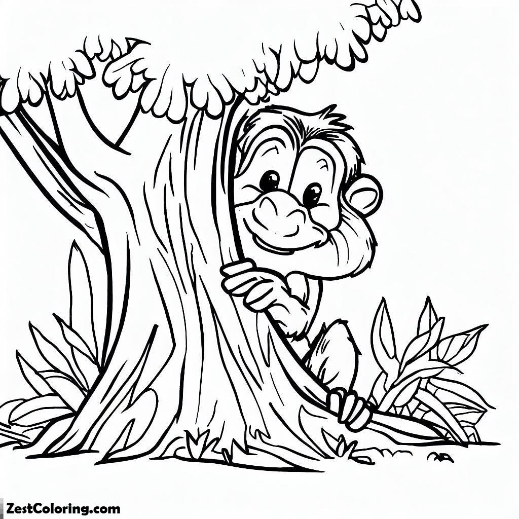 Monkey, A Monkey Hiding On A Tree Coloring Page: A Monkey Hiding On A Tree Coloring PageFull Size Image