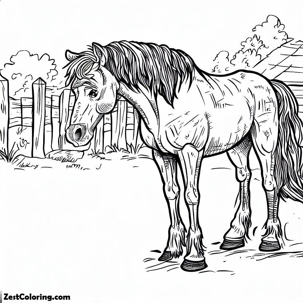 Horse, An Old Horse Alone At The Yard In Horses Coloring Page: An Old Horse Alone At The Yard In Horses Coloring PageFull Size Image