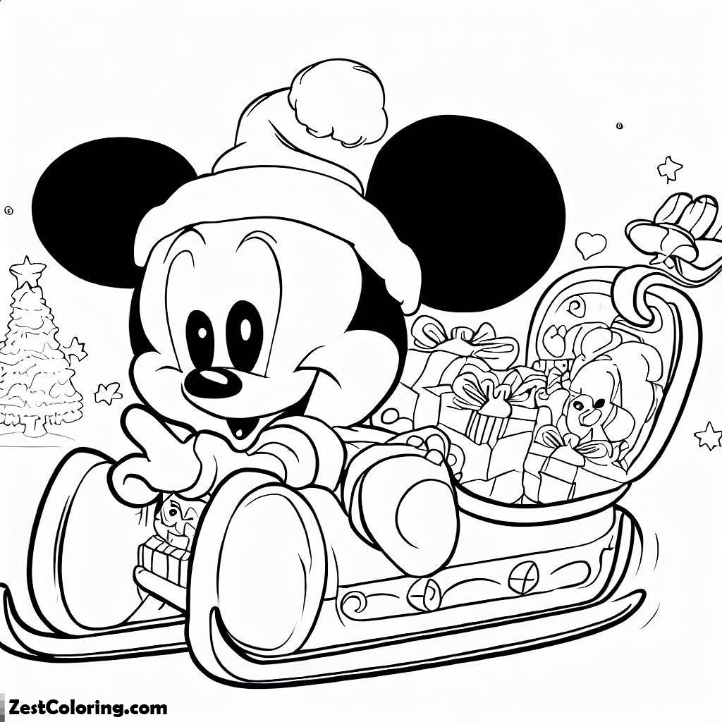 Christmas, Baby Mickey Playing With Santa Clauss Sleigh On Christmas Coloring Page: Baby Mickey Playing With Santa Clauss Sleigh On Christmas Coloring PageFull Size Image