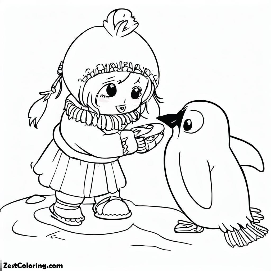 Eskimo, Eskimo Girl Feeding Pinguin With Fish Coloring Page: Eskimo Girl Feeding Pinguin With Fish Coloring PageFull Size Image