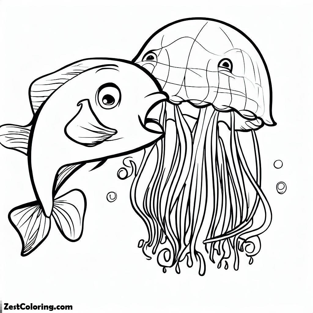 Jelly Fish, Fish And Jellyfish As A Friend Coloring Page: Fish And Jellyfish As A Friend Coloring PageFull Size Image