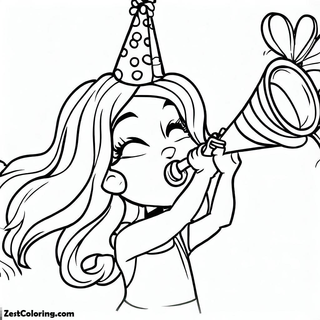 Happy Birthday, Happy Birthday Girl Blowing A Horn Coloring Page: Happy Birthday Girl Blowing A Horn Coloring PageFull Size Image