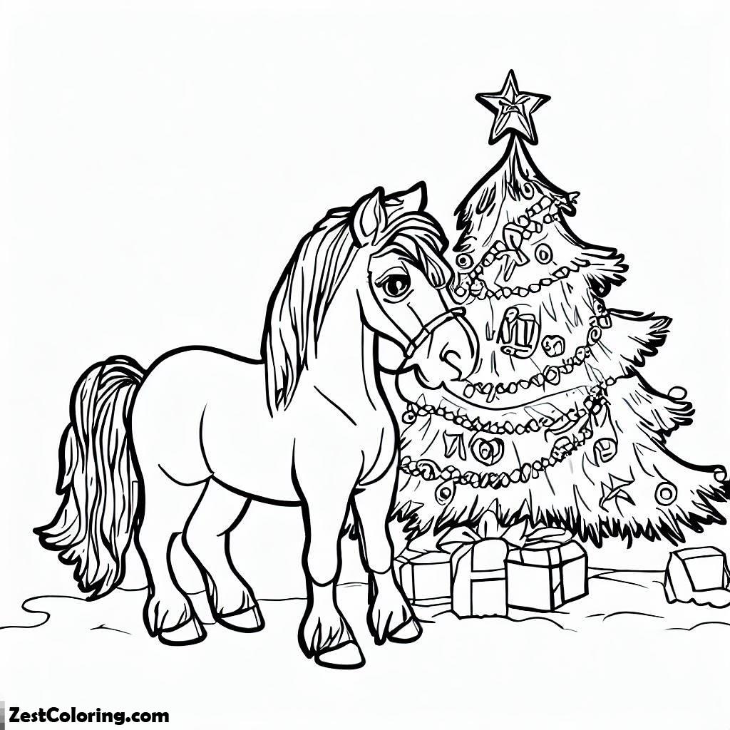 Horse, Horse And Chrismast Tree In Horses Coloring Page: Horse And Chrismast Tree In Horses Coloring PageFull Size Image