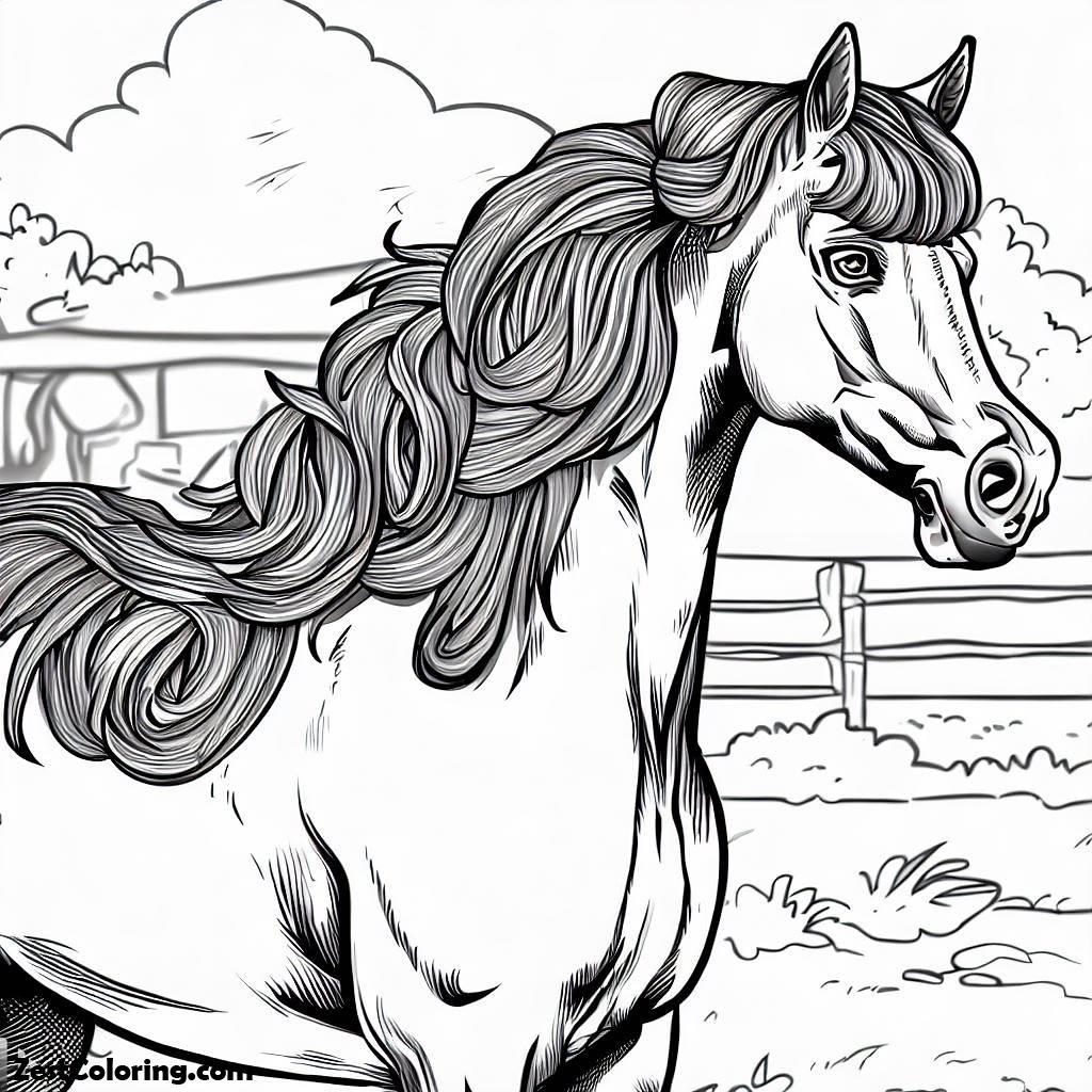 Horse, Horse With Beautiful Mane At The Yard In Horses Coloring Page: Horse With Beautiful Mane At The Yard In Horses Coloring PageFull Size Image