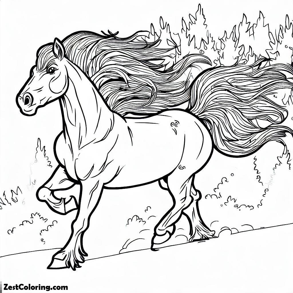 Horse, Horse With Flying Mane Run At The Side Forest In Horses Coloring Page: Horse With Flying Mane Run At The Side Forest In Horses Coloring PageFull Size Image