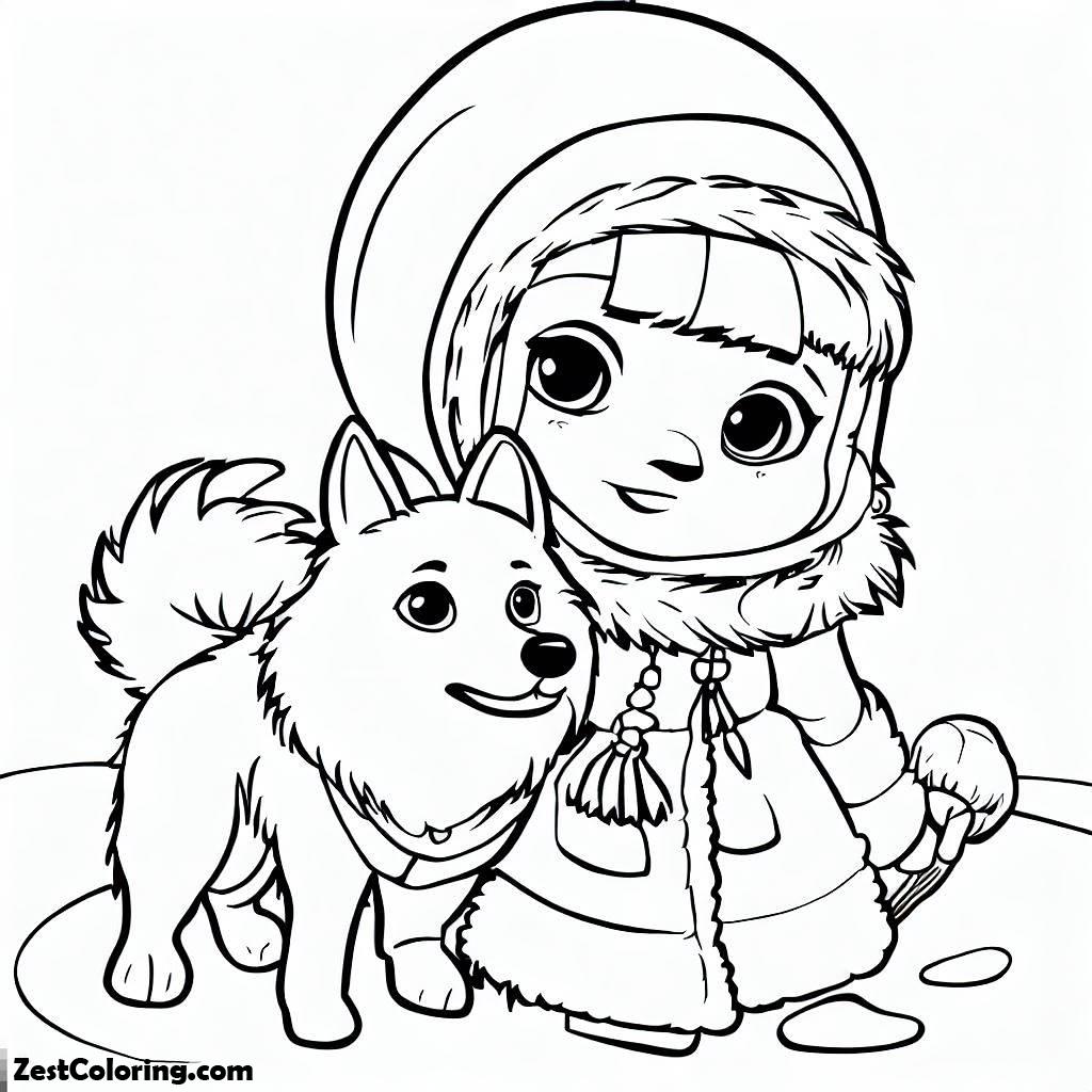 Eskimo, Husky With Little Eskimo Girl Coloring Page: Husky With Little Eskimo Girl Coloring PageFull Size Image