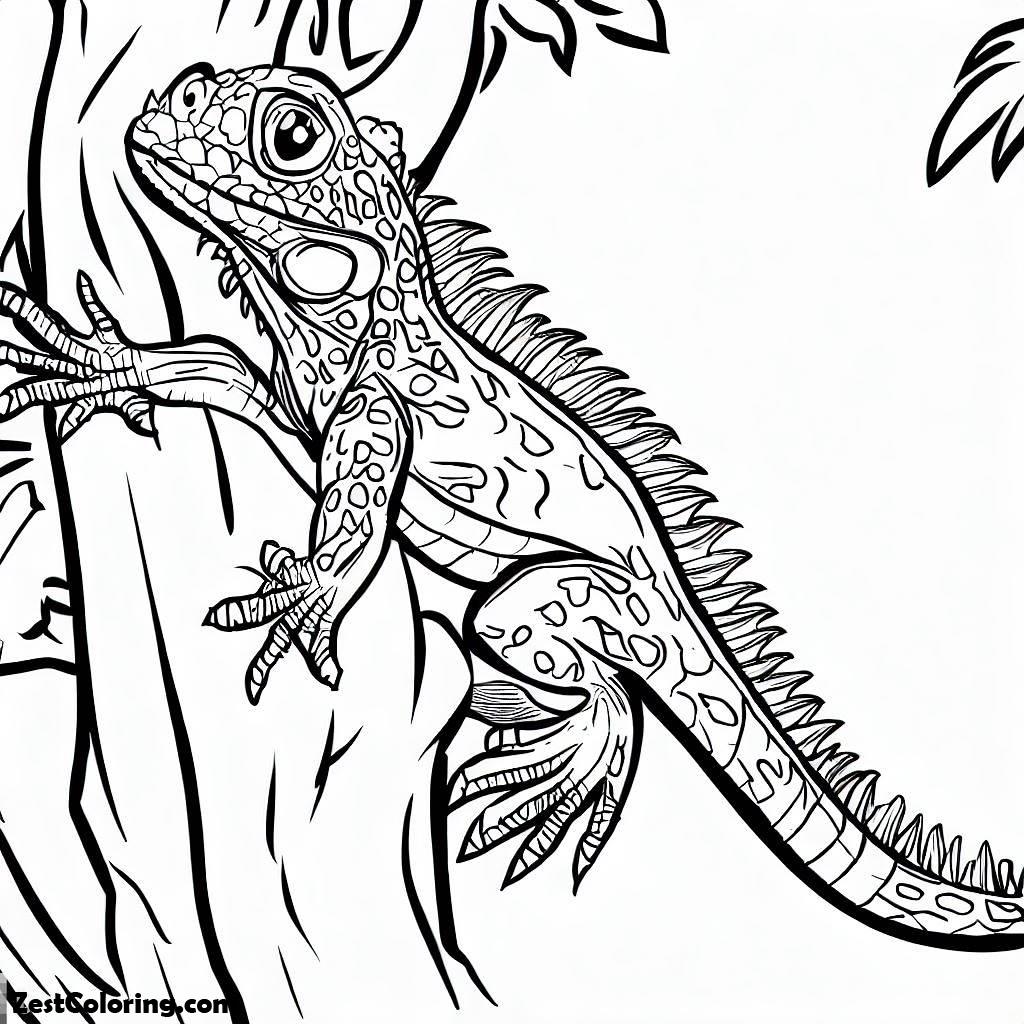 Iguana, Iguana Climbing A Tree Coloring Page For Kids: Iguana Climbing A Tree Coloring Page For KidsFull Size Image