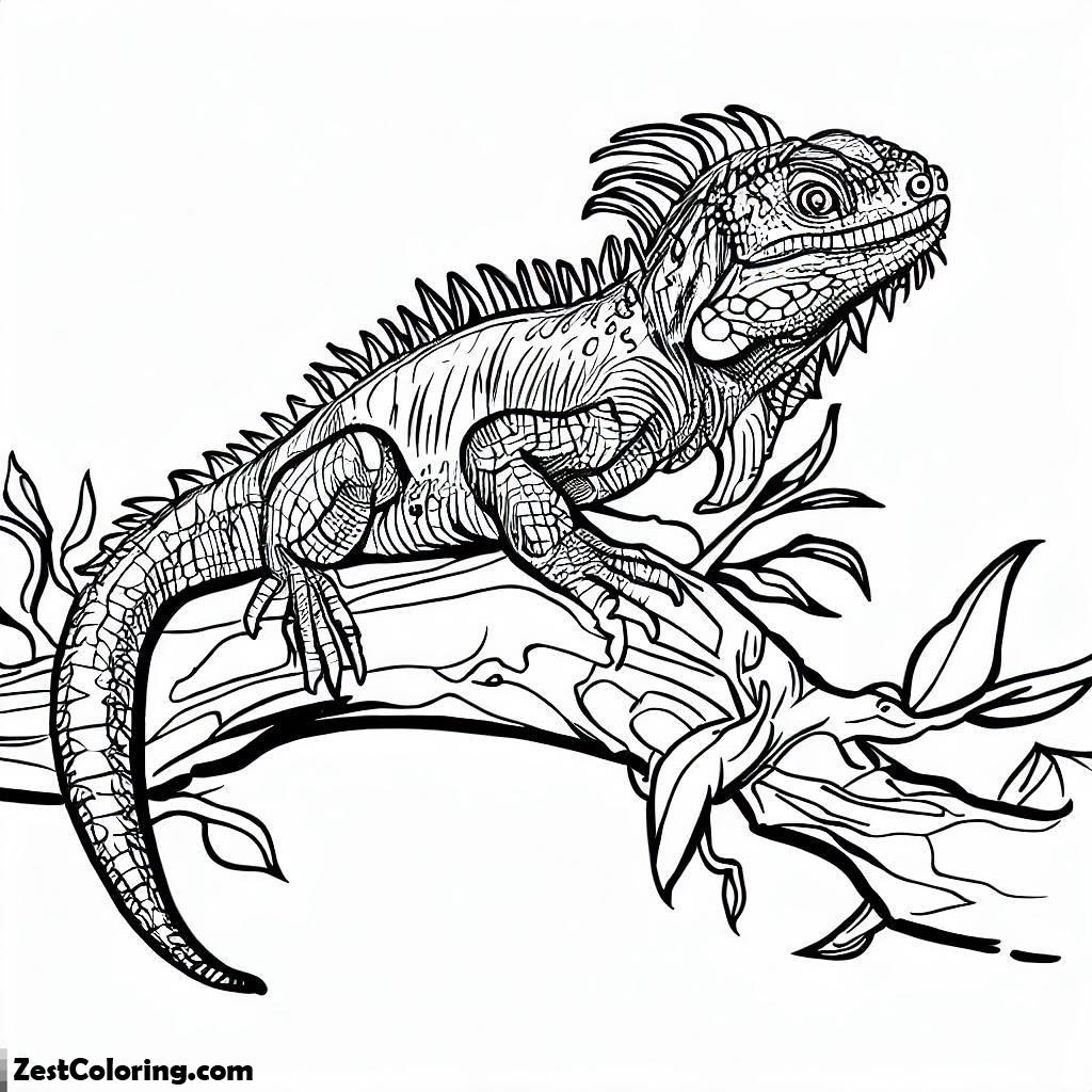 Iguana, Iguana On A Branch Of Tree Coloring Page: Iguana On A Branch Of Tree Coloring PageFull Size Image