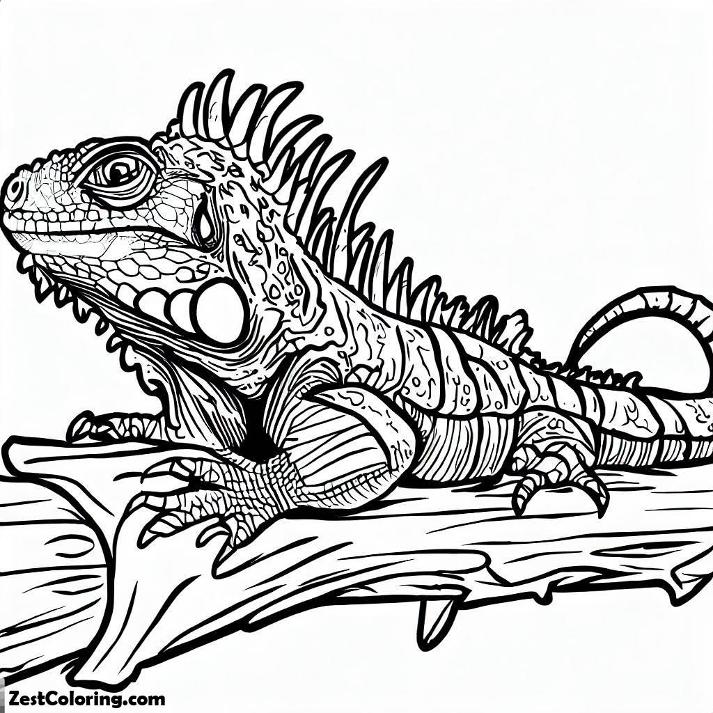 Iguana, Iguana On A Wood Coloring Page For Kids: Iguana On A Wood Coloring Page For KidsFull Size Image